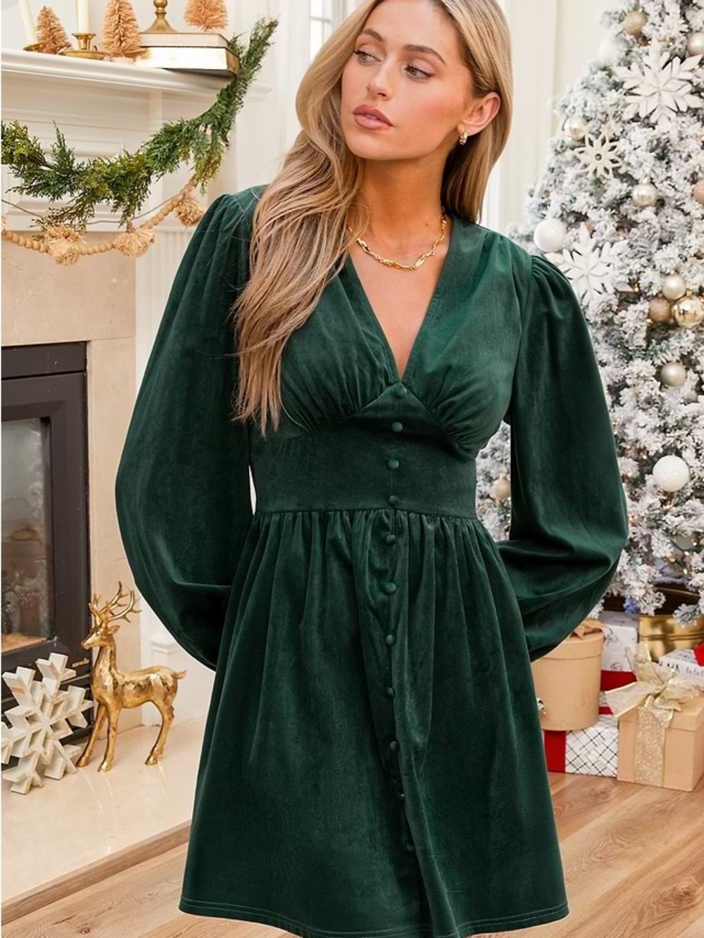 Cupshe Emerald Green Velvet V-Neck Long Sleeve Dress